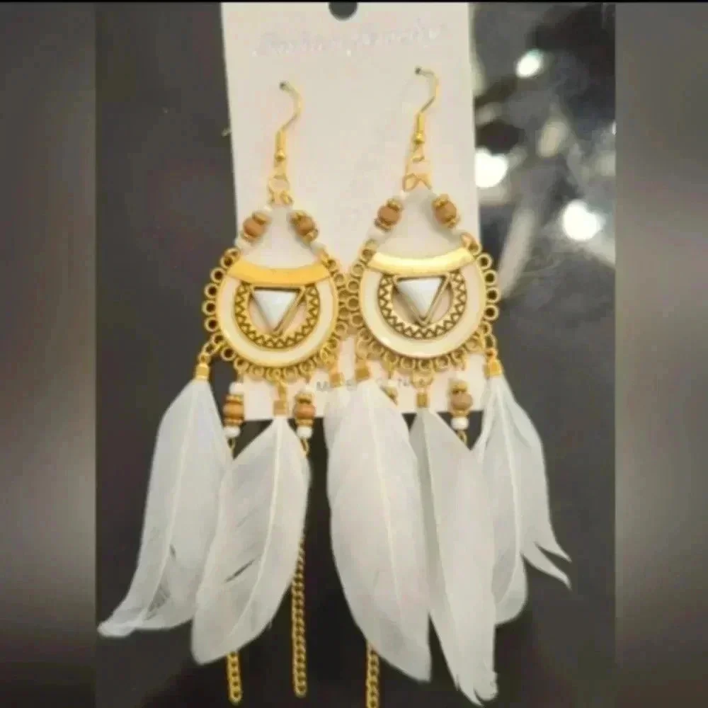 White Feather Fish Hook  Earrings with Chains NIP